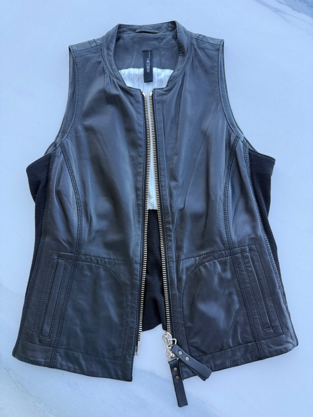 Marc Cain Black Leather Sleeveless Zip Vest with Gold Zip